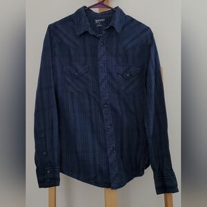 Arizona Jeans Co. | Young Men's M | Dark Blue Plaid Long Sleeve Snap Up